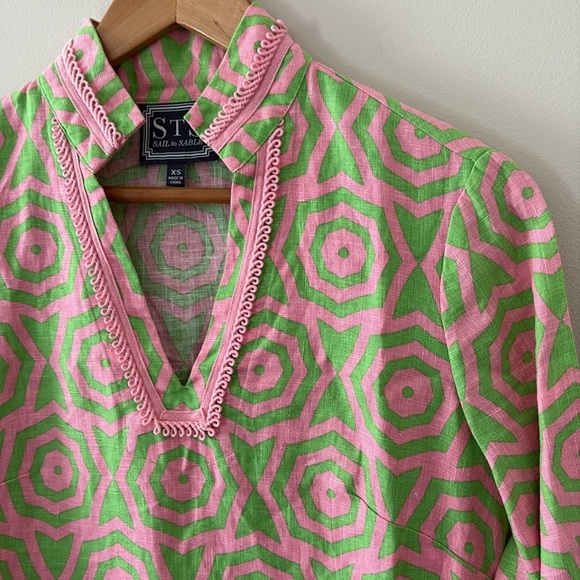 Sail to Sable 100% Linen V Neck Trim Embroidered Tunic Long Sleeve Pink Size XS - Picture 4 of 11